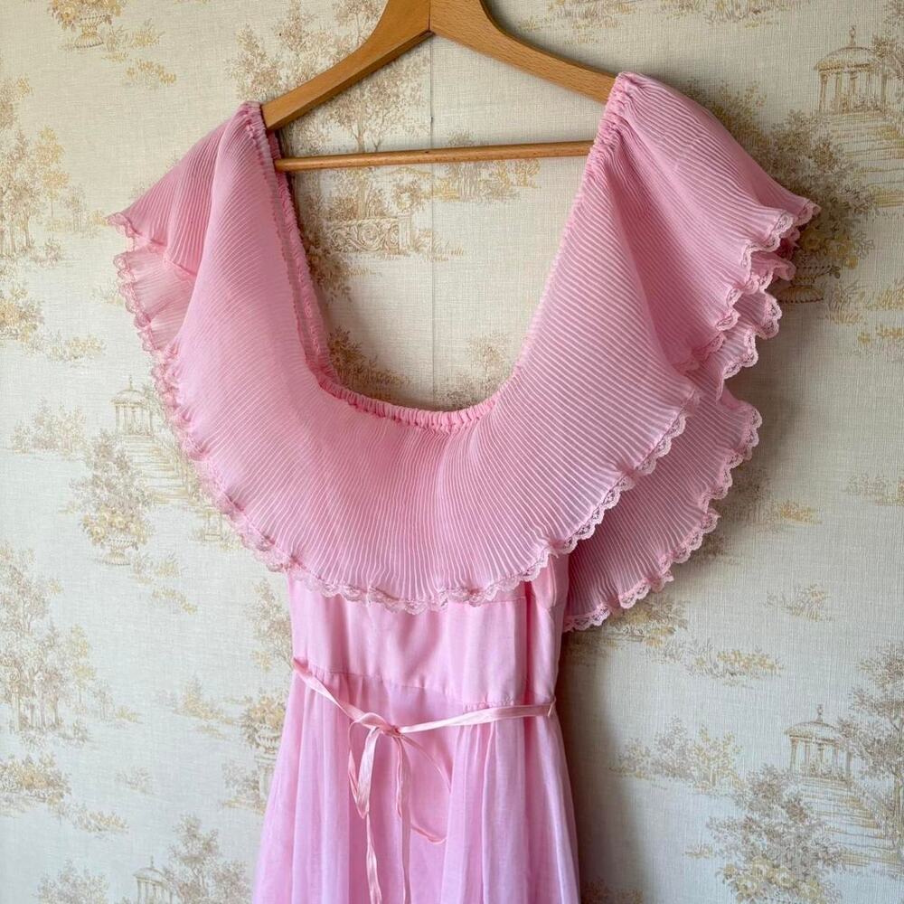 Vintage 70s Sears Pink Prairie Dress Womens XS Pleated Ruffle Coquette Romantic - Picture 2 of 8